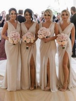 Chiffon Long Champagne Bridesmaid Dress UK with Sexy High Slit and Front Ruffles