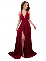 A-Line Halter Plunge V-Neckline Open Back Spandex Bridesmaid Dress UK with Slit