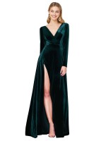 Deep V-Neck Long Sleeves Velvet Bridesmaid Dress UK with High Side Split