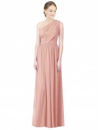 One Shoulder Long Chiffon Bridesmaid Dress with Shirred Waistband UK