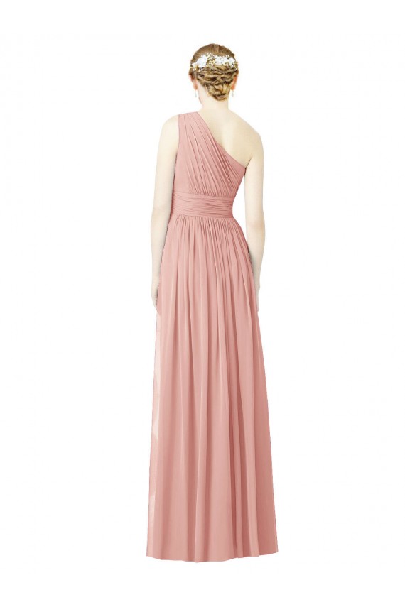 One Shoulder Long Chiffon Bridesmaid Dress with Shirred Waistband UK