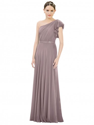 Full Length One Shoulder Chiffon Bridesmaid Dress with Shoulder Ruffle UK