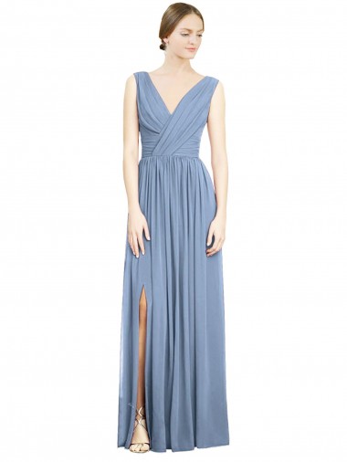 Sleeveless Draped Chiffon Maxi Bridesmaid Dress with Front Slit UK