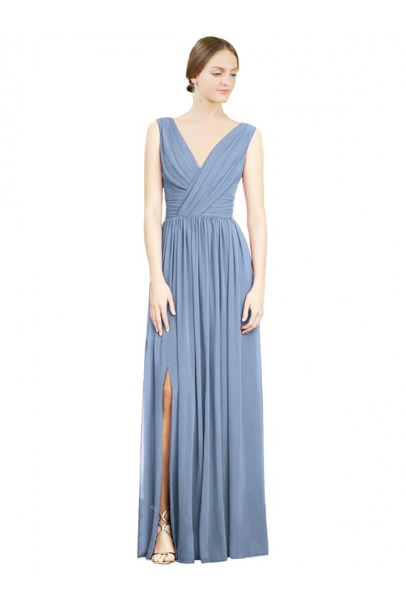 Sleeveless Draped Chiffon Maxi Bridesmaid Dress with Front Slit UK