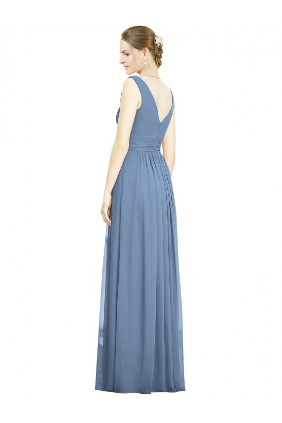 Sleeveless Draped Chiffon Maxi Bridesmaid Dress with Front Slit UK