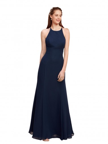 High Halter Fit and Flare Long Chiffon Bridesmaid Dress with Criss Cross Low Back UK