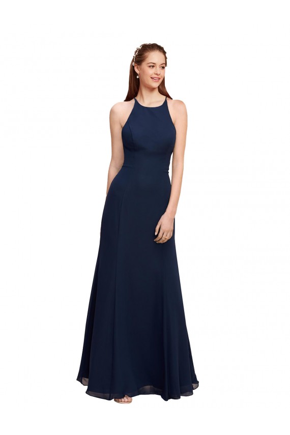 High Halter Fit and Flare Long Chiffon Bridesmaid Dress with Criss Cross Low Back UK