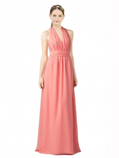 Shirred Bodice Full Length Long Chiffon Bridesmaid Dress UK