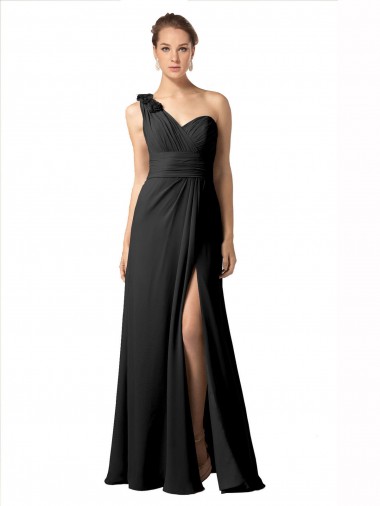 Sheer One Shoulder Chiffon A-Line Bridesmaid Dress with Slit UK