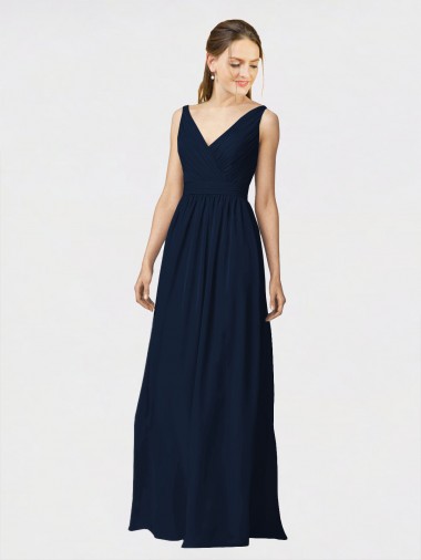 Long Chiffon Bridesmaid Dress with Shirred Bodice and V-Neckline UK