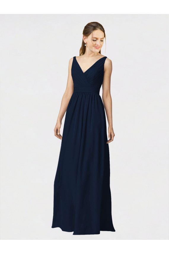 Long Chiffon Bridesmaid Dress with Shirred Bodice and V-Neckline UK