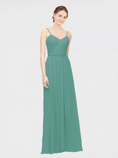 Rouched V-Neckline and Spaghetti Straps Long Chiffon Bridesmaid Dress UK