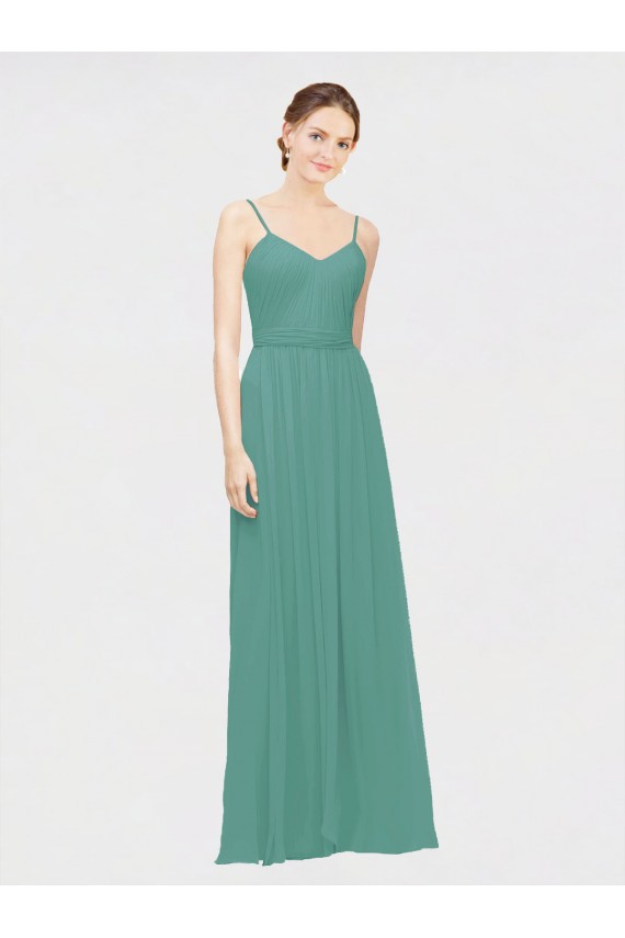 Rouched V-Neckline and Spaghetti Straps Long Chiffon Bridesmaid Dress UK