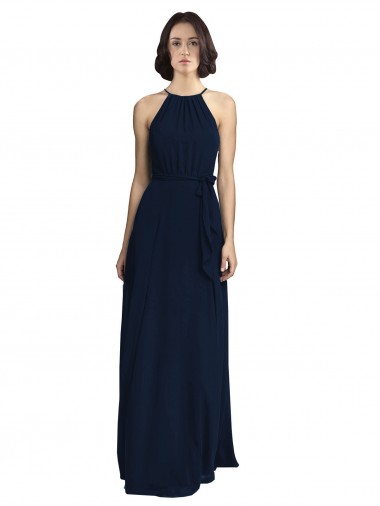 High Neckline Floor Length Chiffon Bridesmaid Dress with Belt UK