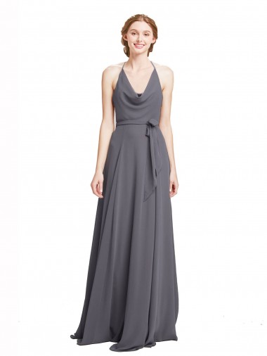 Spaghetti Strap Long Chiffon Bridesmaids Dress with Halter Cowl Neck UK