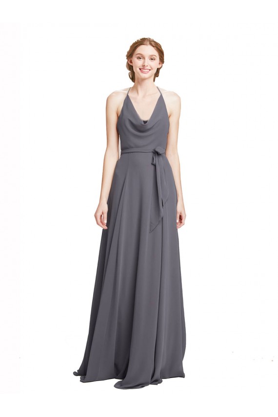 Spaghetti Strap Long Chiffon Bridesmaids Dress with Halter Cowl Neck UK