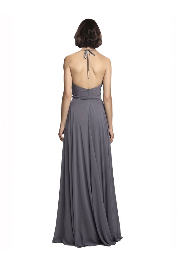 Spaghetti Strap Long Chiffon Bridesmaids Dress with Halter Cowl Neck UK