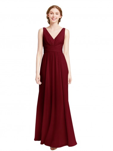 Long Chiffon V-Neck Bridesmaids Dress with Double Strap UK