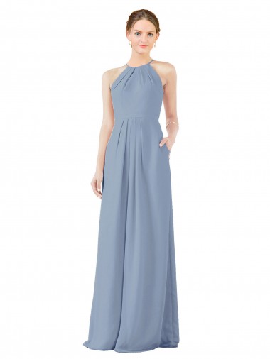 Fitted Long High Halter Neck Chiffon Bridesmaid Dress with Keyhole Back UK