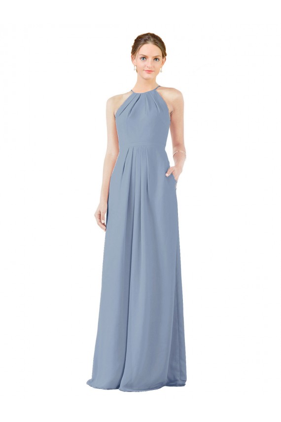 Fitted Long High Halter Neck Chiffon Bridesmaid Dress with Keyhole Back UK