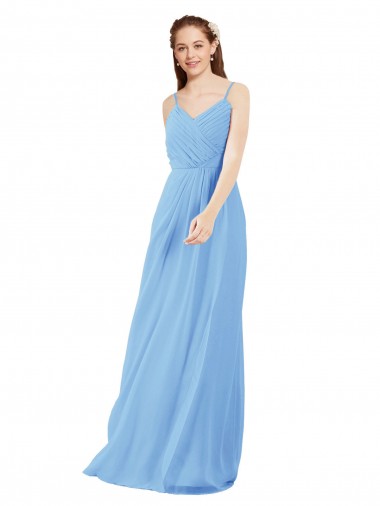 Pleated Low Back Long V-Neck Chiffon Bridesmaid Dress with Thin Straps UK