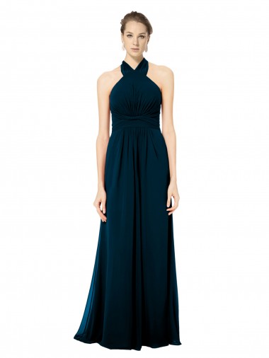 Keyhole Back Long Chiffon Halter Dress with Halter Straps Cross Neck UK