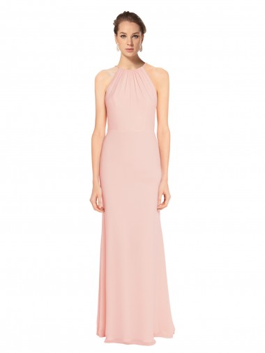 High Neck Long Chiffon Halter Bridesmaid Dress with Drape Chiffon Overlay UK