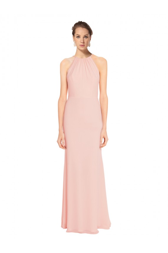 High Neck Long Chiffon Halter Bridesmaid Dress with Drape Chiffon Overlay UK