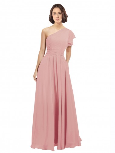 Chiffon Bridesmaids Dress with One Shoulder Flounced Sleeve UK