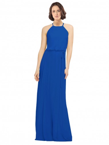 Long Jewel Neckline Chiffon Bridesmaids Dress wit Chiffon Tie Sash UK