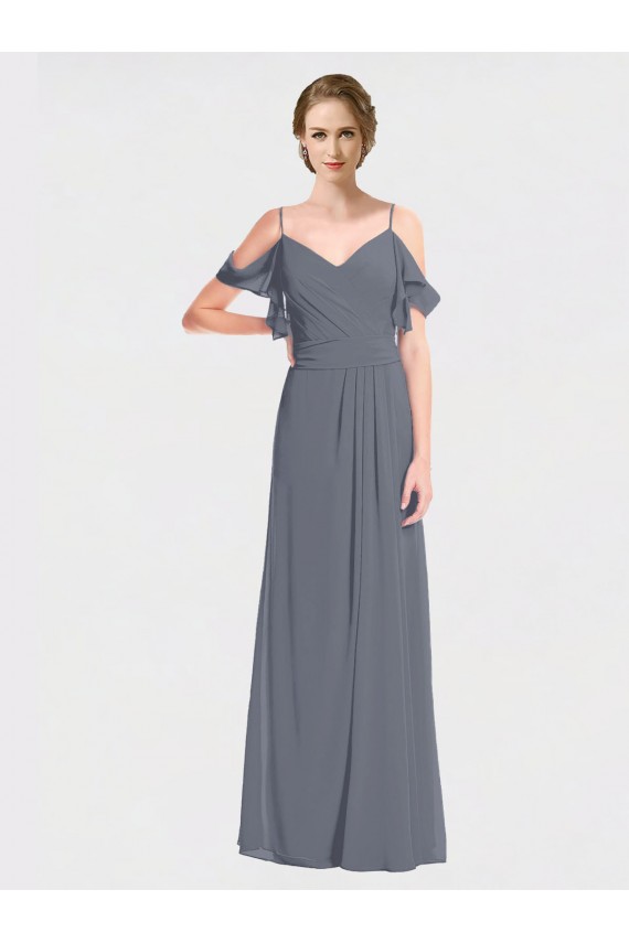 Long Chiffon Spaghetti Strap V-Neck Bridesmaid Dress with Off-The-Shoulder Flutter Sleeves UK