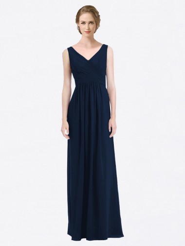 Long Chiffon V-Neck Sleeveless Bridesmaid Dress with Criss-Cross Pleated Bodice UK