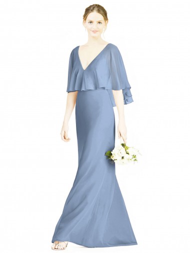 V-Back Trumpet Chiffon Bridesmaid Dress with Draped Cape Overlay UK