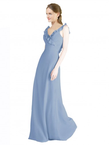 Fluted Chiffon Wrap Bridesmaid Dress with Ruffles V-Neck UK