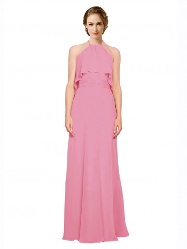 Ruffle Halter Neck A-Line Chiffon Bridesmaid Dress with Open Back UK