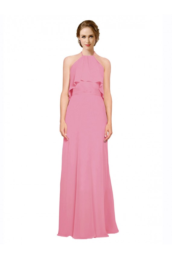 Ruffle Halter Neck A-Line Chiffon Bridesmaid Dress with Open Back UK