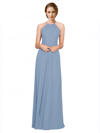 Pleated Halter Neckline A-Line Chiffon Bridesmaid with Criss Cross Back UK