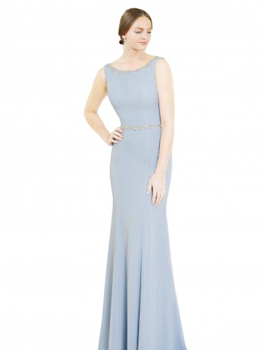 Full Length Chiffon Bridesmaid Dress with Sparkly Neckline and Belt UK