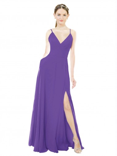 Long Chiffon A-Line Bridesmaid Dress with Deep V-Neckline and Side Slit UK