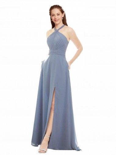 High Neck Chiffon Bridesmaid Dress with Draped Bodice UK