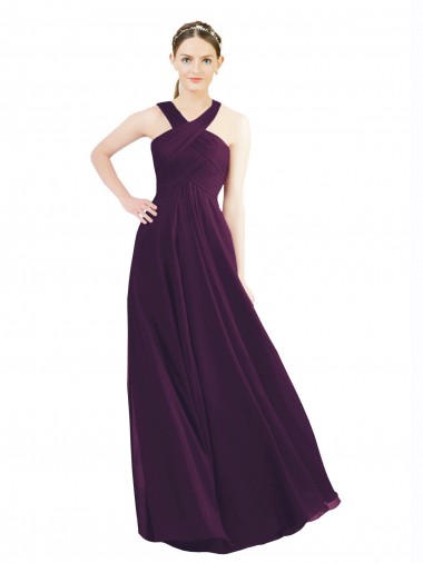 Draped Long Chiffon Bridesmaid Dress with Unique Crossed Neckline UK