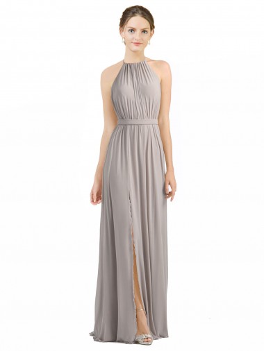 Backless Halter Chiffon Bridesmaid Dress with Front Slit and Tie Open Back UK