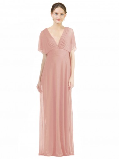 Draped Short Sleeves Long Chiffon A-Line Bridesmaid Dress UK