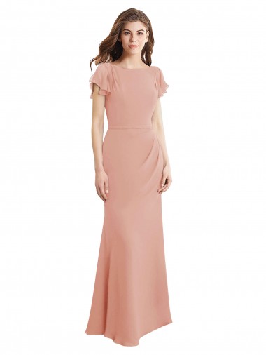 Cap Sleeves Long Chiffon Bridesmaid Dress with Low V-Back UK