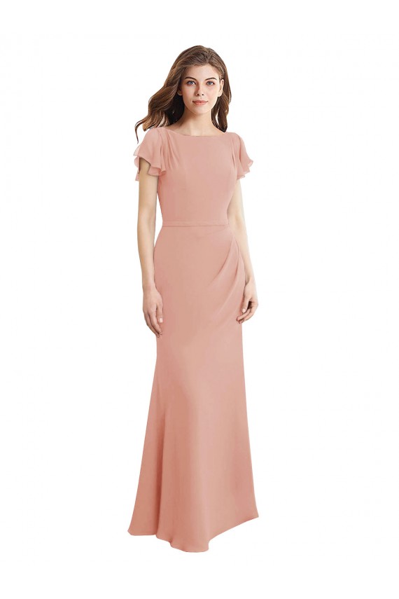 Cap Sleeves Long Chiffon Bridesmaid Dress with Low V-Back UK