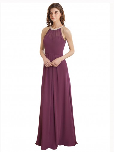 High Neckline Long Chiffon Bridesmaid Dress with Beaded Trim UK