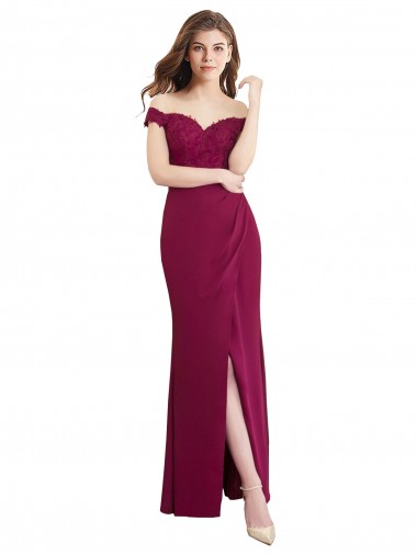 Off the Shoulder Chiffon Bridesmaid Dress with Lace Appliques and Front Slit UK