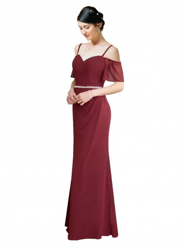 Draped Cold Shoulder Long Chiffon Bridesmaid Dress with Spaghetti Straps UK