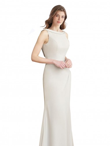 Long Chiffon Bridesmaid Dress with Boat Neckline and Satin Collar UK