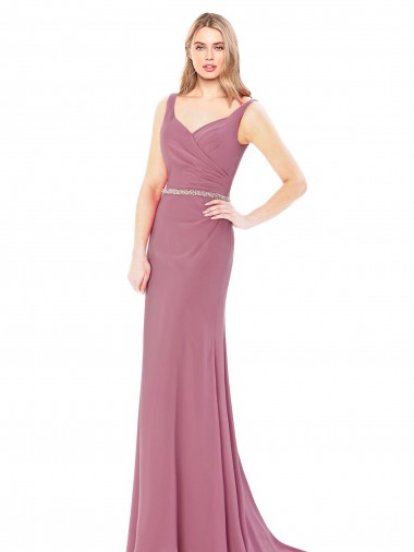 Long Slim Chiffon Bridesmaid Dress with Beaded Waist UK